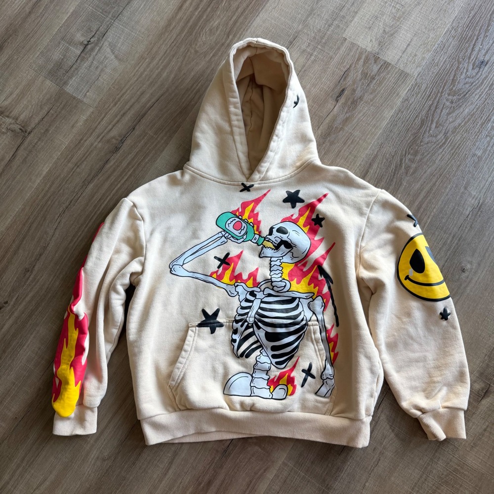 Very Cool Everything Is Good Skeleton Skull Puff Print Hoodie Cream XS
